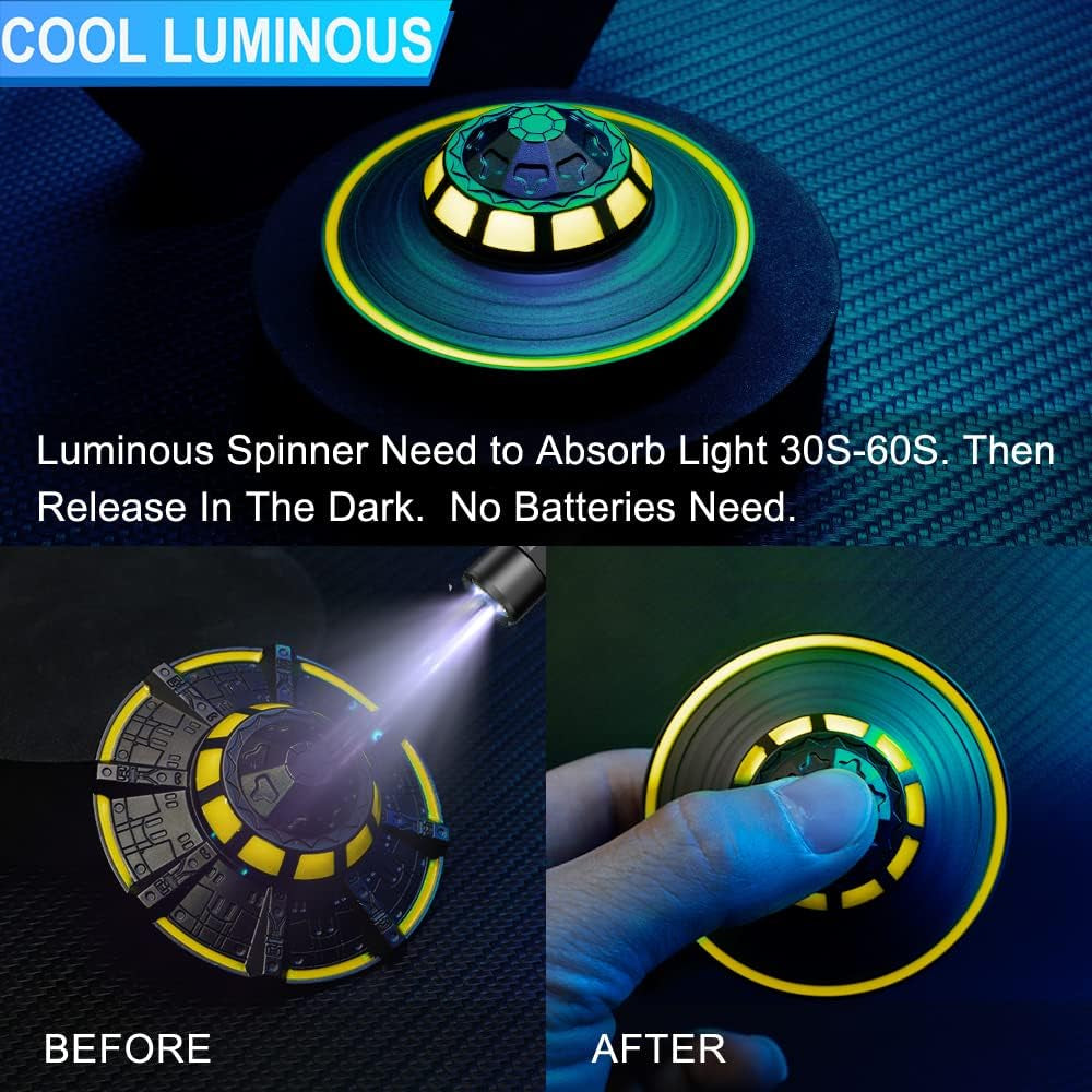 UFO Fidget Spinner Metal Toys for Kids Adults, Finger Hand Spinner, Cool Luminous Stainless Steel Fidgets Spinner, Desk Toy Spinning Top Stress Anxiety Releif Toy Focus Fingertip Gyro