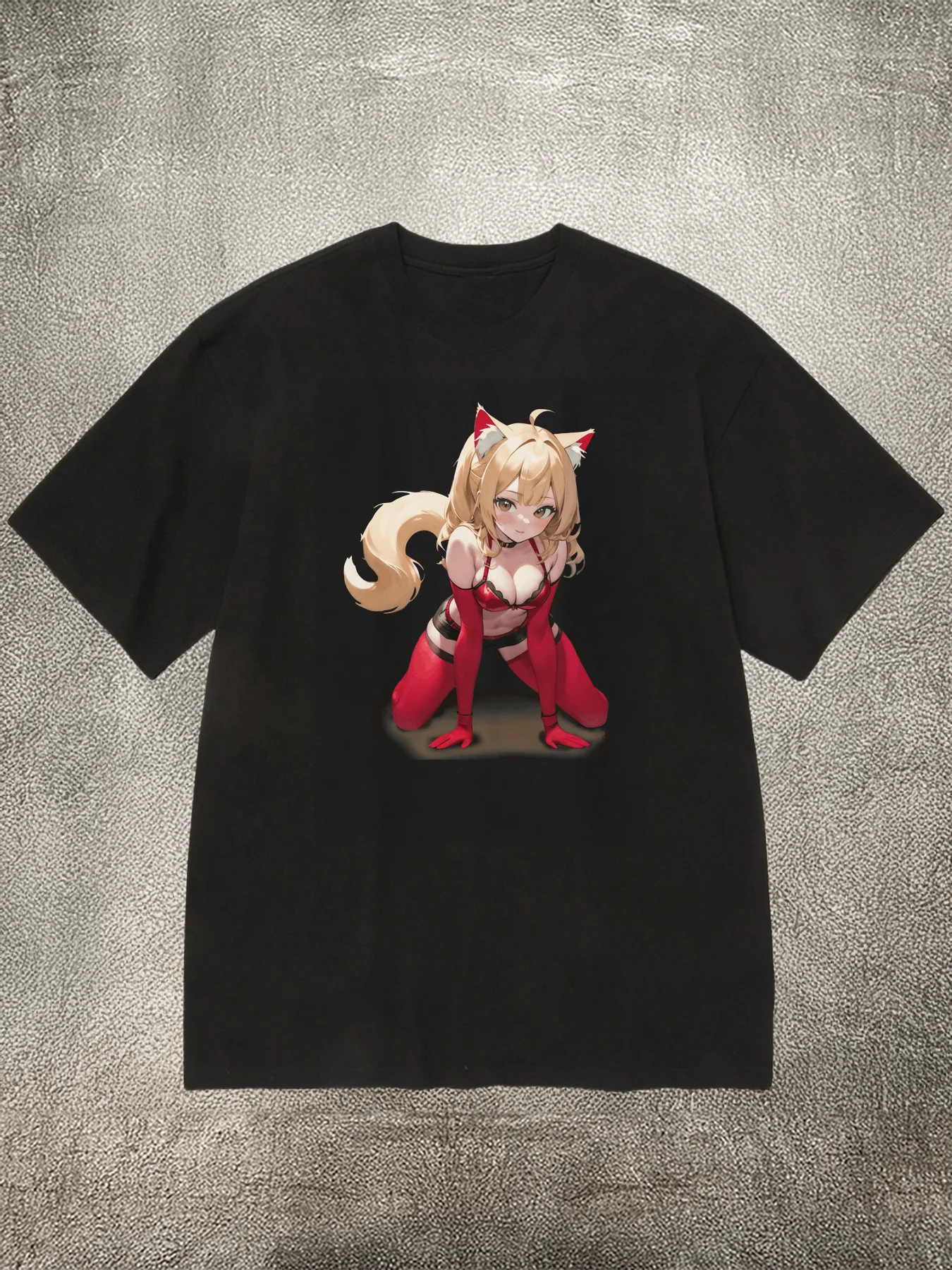 Men's Black 200g Cotton Crew - Neck Short - Sleeve T - Shirt with Cat - Eared Anime Girl Heat - Transfer Print