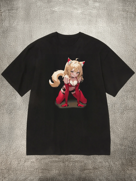 Men's Black 200g Cotton Crew - Neck Short - Sleeve T - Shirt with Cat - Eared Anime Girl Heat - Transfer Print