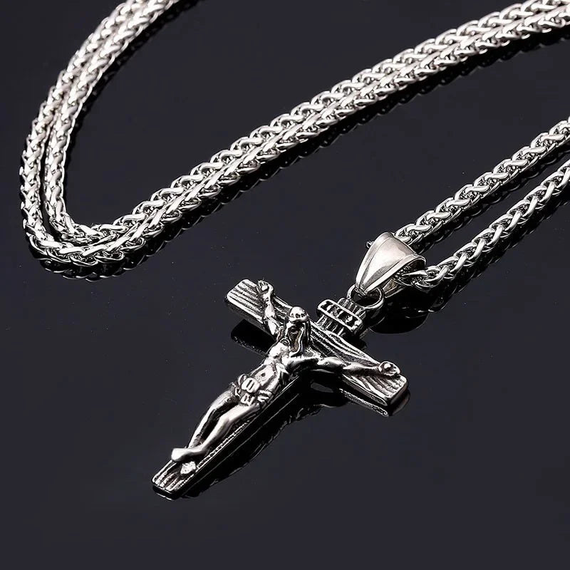 New Religious Jesus Cross Necklace for Men Fashion Gold Color Cross Pendent with Chain Necklace Jewelry Gifts for Men and Women
