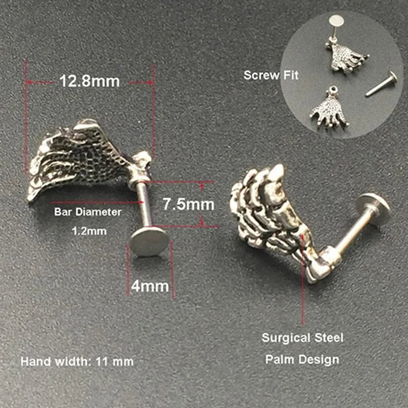 Skull Devil Hand Lip Piercing Jewelry Skeleton Labret for Women Men Palm Stud Earrings Christmas Gift Hot Unique Punk Metal 1pc